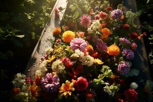 bunt Blumen auf das Grab im das Friedhof, Beerdigung Konzept. ai generiert foto