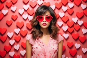 Valentinstag Tag. Porträt von schön jung asiatisch Frau im Sonnenbrille auf rot Hintergrund mit Herzen. ai generiert foto
