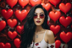 Valentinstag Tag. Porträt von schön jung asiatisch Frau im Sonnenbrille auf rot Hintergrund mit Herzen. ai generiert foto