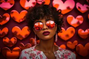 modisch afrikanisch amerikanisch Frau mit Brille auf Valentinstag Hintergrund ai generiert foto