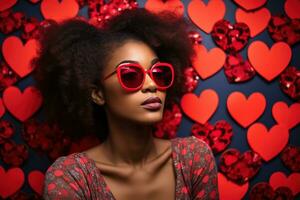 modisch afrikanisch amerikanisch Frau mit Brille auf Valentinstag Hintergrund ai generiert foto