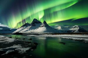 Aurora Borealis im Island mit Schnee bedeckt Berge und Betrachtung ai generiert foto