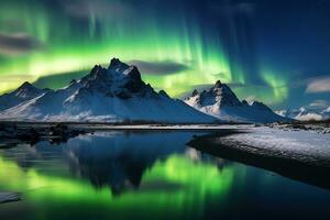 Aurora Borealis im Island mit Schnee bedeckt Berge und Betrachtung ai generiert foto