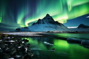 Aurora Borealis im Island mit Schnee bedeckt Berge und Betrachtung ai generiert foto