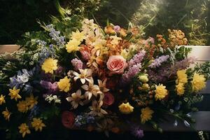 bunt Blumen auf das Grab im das Friedhof, Beerdigung Konzept. ai generiert foto