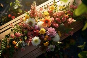 bunt Blumen auf das Grab im das Friedhof, Beerdigung Konzept. ai generiert foto