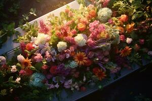bunt Blumen auf das Grab im das Friedhof, Beerdigung Konzept. ai generiert foto