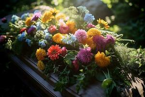 bunt Blumen auf das Grab im das Friedhof, Beerdigung Konzept. ai generiert foto