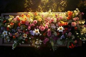 bunt Blumen auf das Grab im das Friedhof, Beerdigung Konzept. ai generiert foto