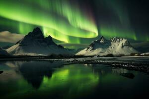 Aurora Borealis im Island mit Schnee bedeckt Berge und Betrachtung ai generiert foto