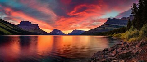 majestätisch Sonnenuntergang im Gletscher National Park, Montana, USA. ai generiert foto