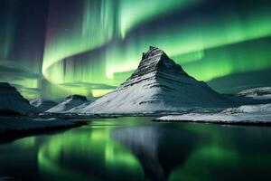 Aurora Borealis im Island mit Schnee bedeckt Berge und Betrachtung ai generiert foto