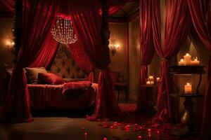 romantisch Zimmer Innere mit Rosa Vorhänge und rot Herzen. Valentinstag Tag Konzept. ai generiert foto