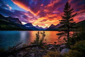 majestätisch Sonnenuntergang im Gletscher National Park, Montana, USA. ai generiert foto