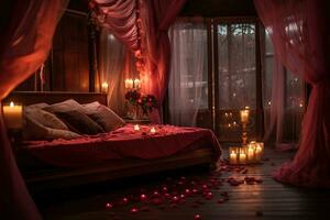 romantisch Zimmer Innere mit Rosa Vorhänge und rot Herzen. Valentinstag Tag Konzept. ai generiert foto