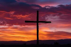 Konzept oder konzeptionelle Holz Kreuz oder Religion Symbol gestalten Über ein Sonnenuntergang Himmel Hintergrund Banner ai generiert foto