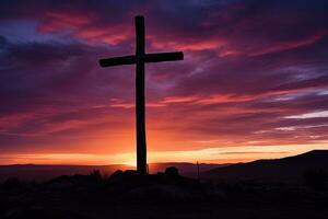 Konzept oder konzeptionelle Holz Kreuz oder Religion Symbol gestalten Über ein Sonnenuntergang Himmel Hintergrund Banner ai generiert foto