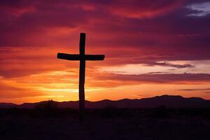 Konzept oder konzeptionelle Holz Kreuz oder Religion Symbol gestalten Über ein Sonnenuntergang Himmel Hintergrund Banner ai generiert foto