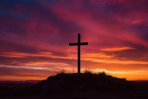 Konzept oder konzeptionelle Holz Kreuz oder Religion Symbol gestalten Über ein Sonnenuntergang Himmel Hintergrund Banner ai generiert foto