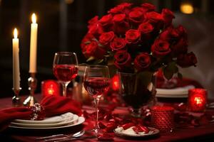 romantisch Tabelle Rahmen mit rot Rosen, Kerzen und Brille von wein.valentine Konzept ai generiert foto