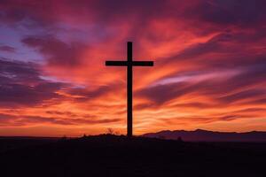 Konzept oder konzeptionelle Holz Kreuz oder Religion Symbol gestalten Über ein Sonnenuntergang Himmel Hintergrund Banner ai generiert foto