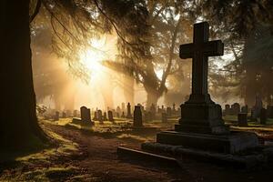 Grabsteine im ein Friedhof beim Sonnenaufgang ai generiert foto