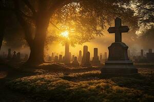 Grabsteine im ein Friedhof beim Sonnenaufgang ai generiert foto