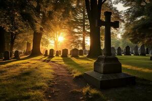 Grabsteine im ein Friedhof beim Sonnenaufgang ai generiert foto