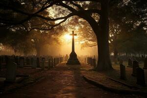 Grabsteine im ein Friedhof beim Sonnenaufgang ai generiert foto