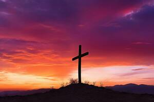 Konzept oder konzeptionelle Holz Kreuz oder Religion Symbol gestalten Über ein Sonnenuntergang Himmel Hintergrund Banner ai generiert foto