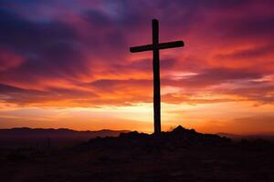 Konzept oder konzeptionelle Holz Kreuz oder Religion Symbol gestalten Über ein Sonnenuntergang Himmel Hintergrund Banner ai generiert foto