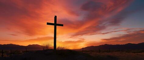 Konzept oder konzeptionelle Holz Kreuz oder Religion Symbol gestalten Über ein Sonnenuntergang Himmel Hintergrund Banner ai generiert foto