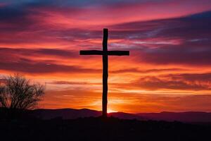 Konzept oder konzeptionelle Holz Kreuz oder Religion Symbol gestalten Über ein Sonnenuntergang Himmel Hintergrund Banner ai generiert foto