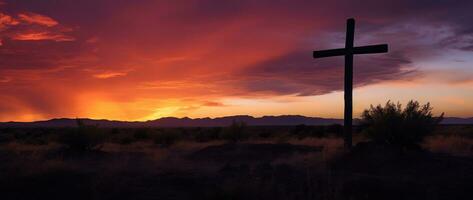 Konzept oder konzeptionelle Holz Kreuz oder Religion Symbol gestalten Über ein Sonnenuntergang Himmel Hintergrund Banner ai generiert foto