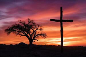 Konzept oder konzeptionelle Holz Kreuz oder Religion Symbol gestalten Über ein Sonnenuntergang Himmel Hintergrund Banner ai generiert foto