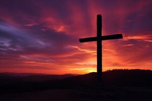 Konzept oder konzeptionelle Holz Kreuz oder Religion Symbol gestalten Über ein Sonnenuntergang Himmel Hintergrund Banner ai generiert foto