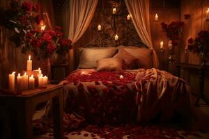 romantisch Zimmer Innere mit Rosa Vorhänge und rot Herzen. Valentinstag Tag Konzept. ai generiert foto