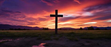 Konzept oder konzeptionelle Holz Kreuz oder Religion Symbol gestalten Über ein Sonnenuntergang Himmel Hintergrund Banner ai generiert foto