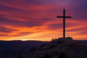 Konzept oder konzeptionelle Holz Kreuz oder Religion Symbol gestalten Über ein Sonnenuntergang Himmel Hintergrund Banner ai generiert foto