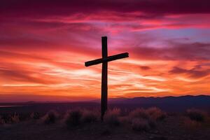 Konzept oder konzeptionelle Holz Kreuz oder Religion Symbol gestalten Über ein Sonnenuntergang Himmel Hintergrund Banner ai generiert foto