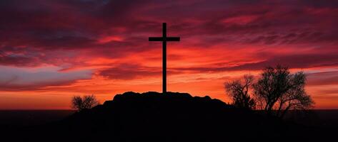 Konzept oder konzeptionelle Holz Kreuz oder Religion Symbol gestalten Über ein Sonnenuntergang Himmel Hintergrund Banner ai generiert foto