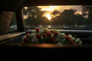 schön Blumen im ein Auto beim Sonnenuntergang. Konzept von Beerdigung. ai generiert foto