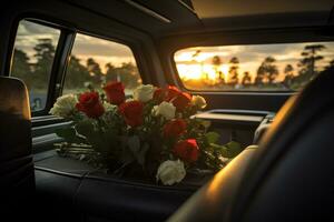 schön Blumen im ein Auto beim Sonnenuntergang. Konzept von Beerdigung. ai generiert foto