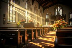 Innere von ein Kirche mit ein Menge von Blumen im das Vordergrund.Beerdigung Konzept ai generiert foto