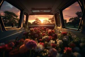 schön Blumen im ein Auto beim Sonnenuntergang. Konzept von Beerdigung. ai generiert foto