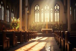 Innere von ein Kirche mit ein Menge von Blumen im das Vordergrund.Beerdigung Konzept ai generiert foto