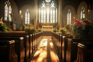 Innere von ein Kirche mit ein Menge von Blumen im das Vordergrund.Beerdigung Konzept ai generiert foto