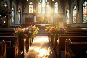 Innere von ein Kirche mit ein Menge von Blumen im das Vordergrund.Beerdigung Konzept ai generiert foto