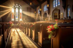 Innere von ein Kirche mit ein Menge von Blumen im das Vordergrund.Beerdigung Konzept ai generiert foto