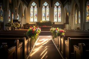 Innere von ein Kirche mit ein Menge von Blumen im das Vordergrund.Beerdigung Konzept ai generiert foto